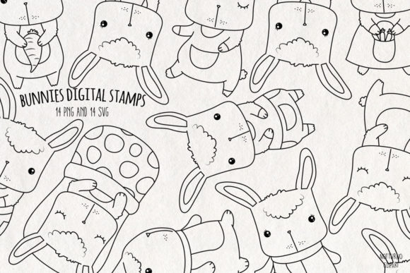 Bunny SVG Digital Stamps Set of 14: Graphics & Coloring